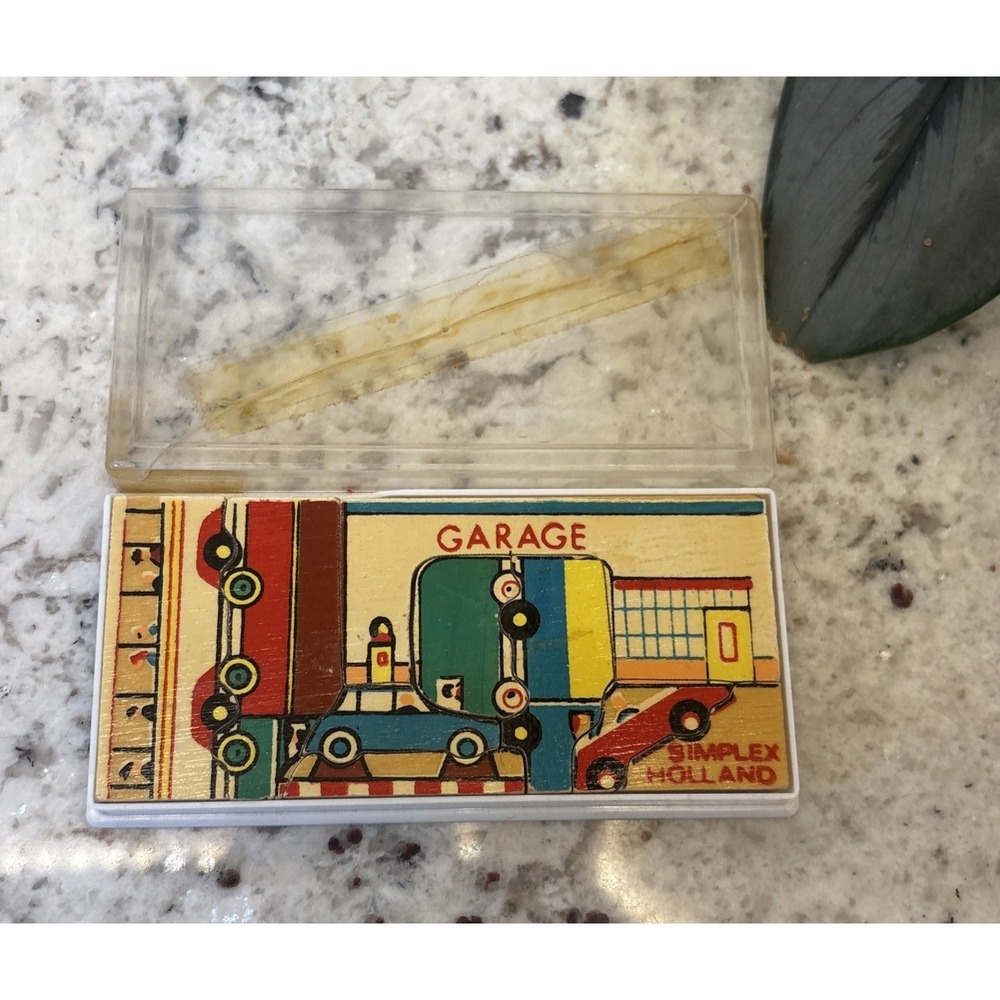Simplex Holland 9 Piece Mini Wooden Puzzle Garage Bus Cars People Vintage Decor